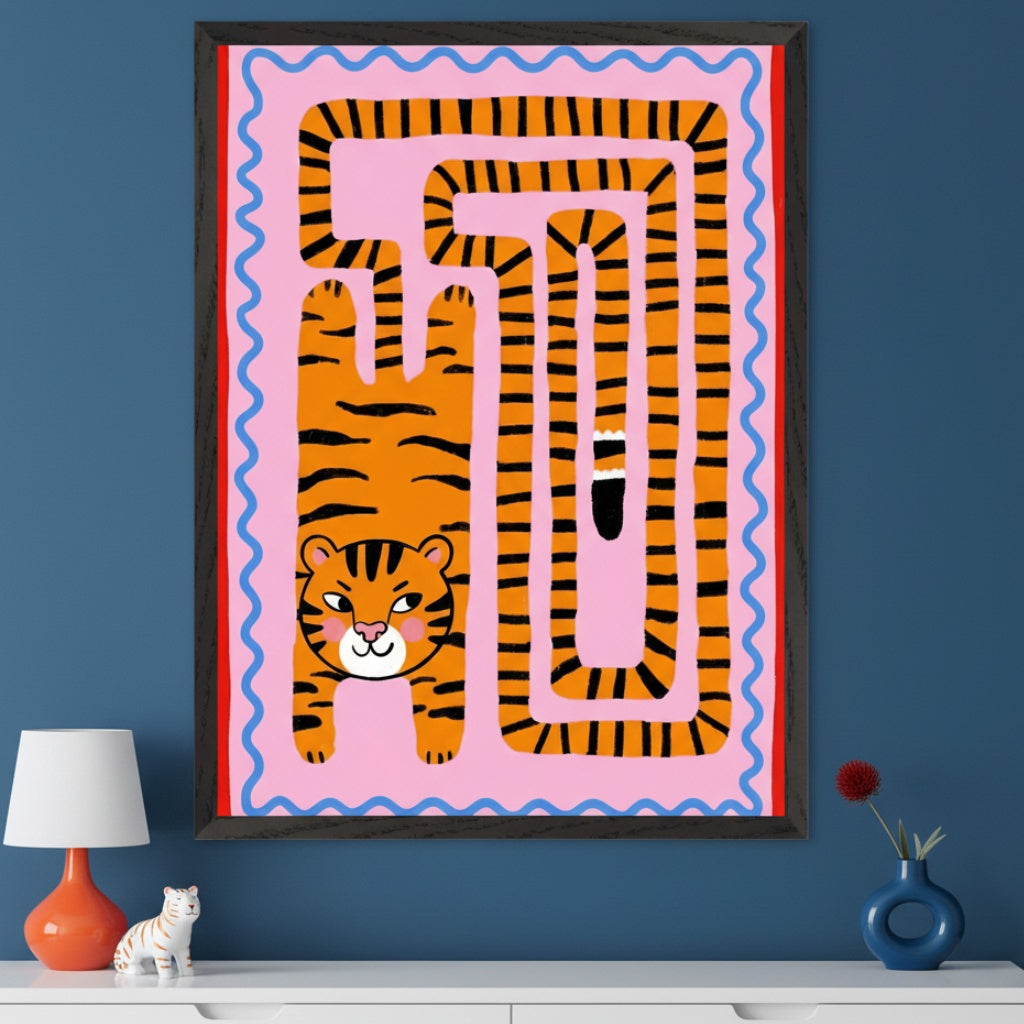 Modern room with a white dresser. A large framed illustration of a cartoon orange tiger, its body forming a maze, on a pink background hangs above the dresser. A lamp, tiger figurine, and vase are on the dresser.