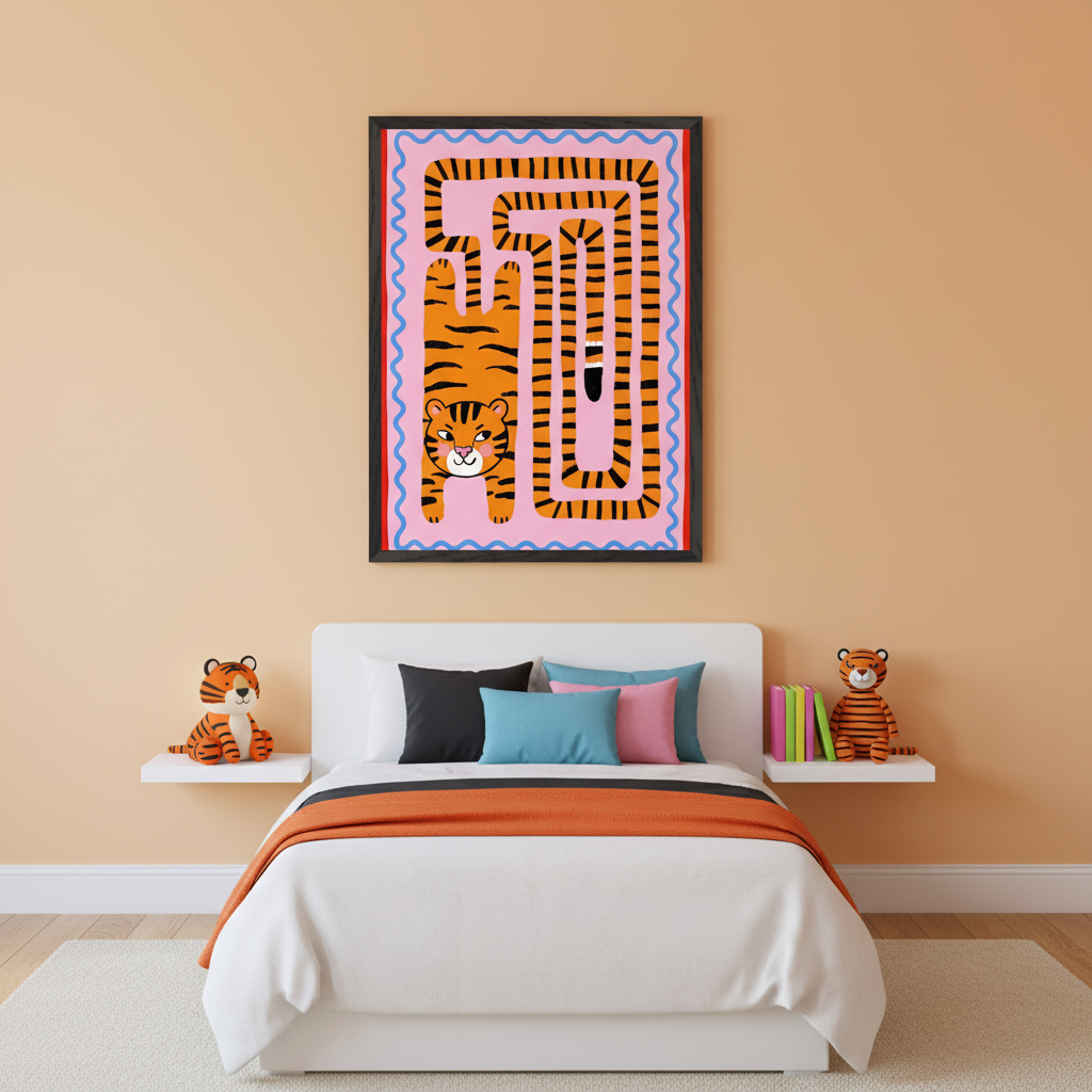 Kid's bedroom with a white bed, colorful pillows, and orange throw. A large framed print of a cartoonish orange tiger in a maze design on a pink background hangs above the bed. Two shelves with stuffed tigers flank the bed.