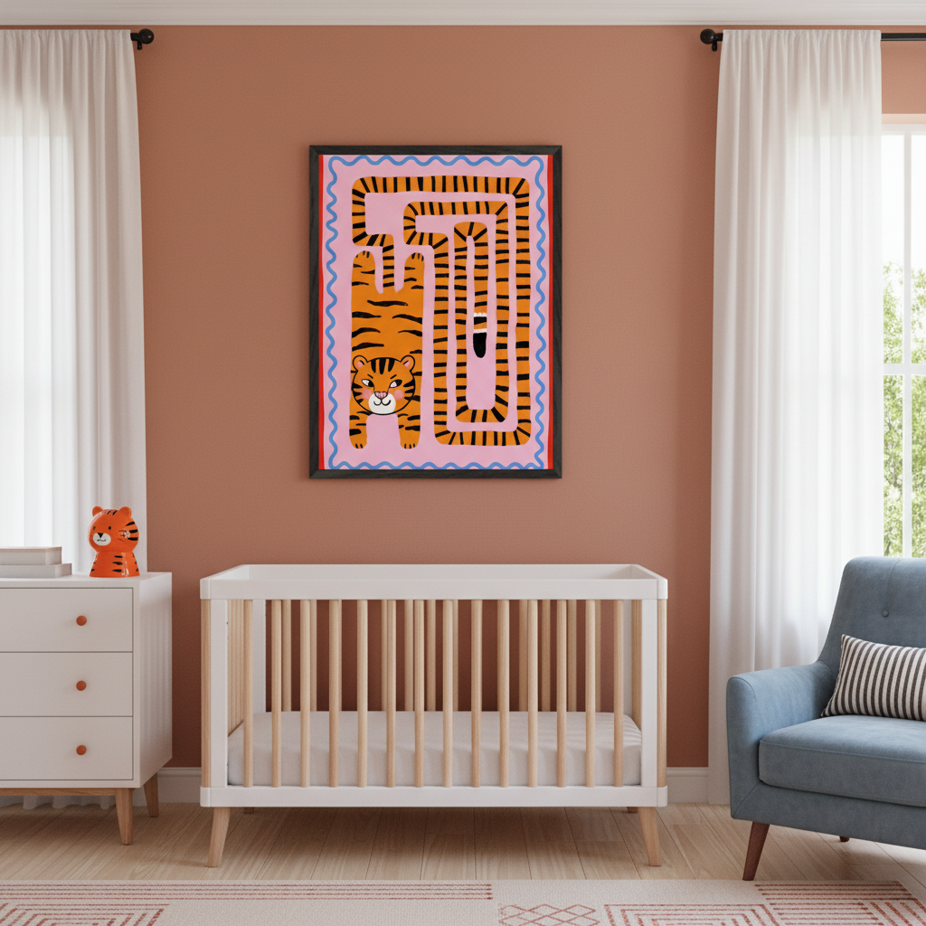 Modern nursery with white crib, dresser, and light blue armchair. A framed wall art depicting a cartoon tiger and an orange striped labyrinth on a pink background hangs above the crib on a terracotta wall.