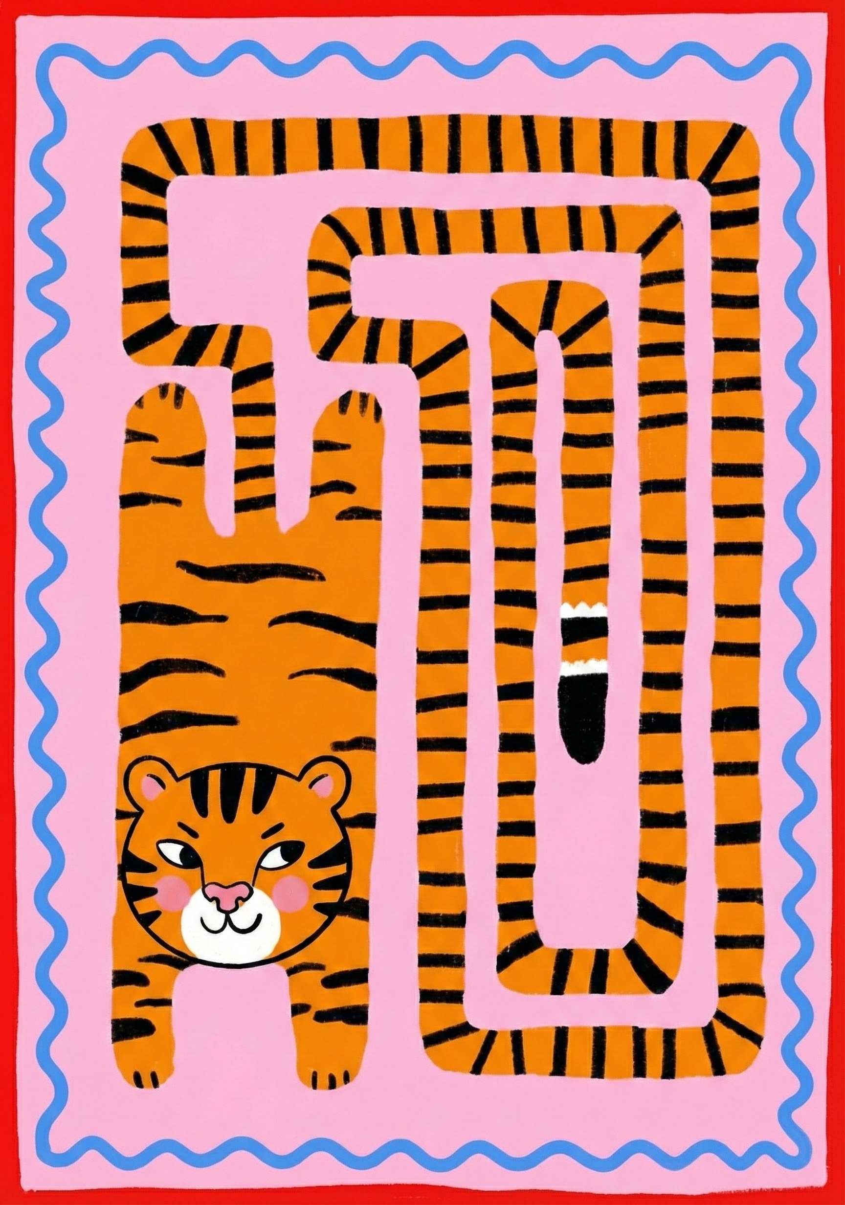 Bold and quirky artwork of a cartoon tiger with an extremely long striped body twisting like a maze across a pink background, bordered with blue wavy lines and a red frame, perfect for fun and vibrant wall art.
