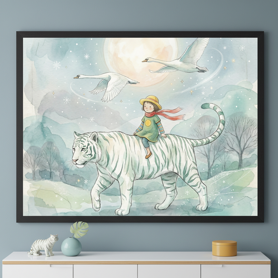 Modern living space with a white and light wood console table. A large framed watercolor painting of a child riding a white tiger, with swans flying under a moonlit sky, hangs centered above the table. A small white tiger figurine and a teal vase are on the table.