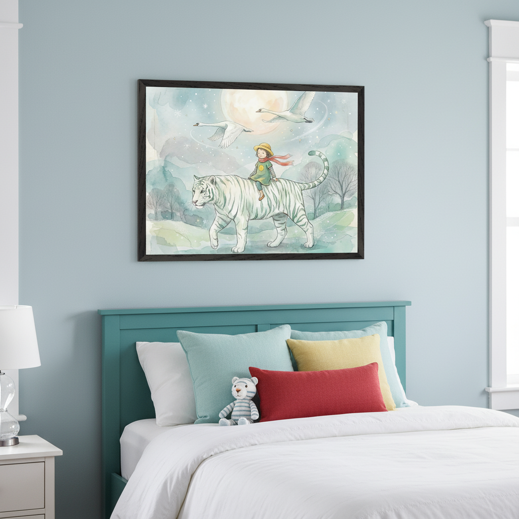 Kid's bedroom featuring a teal bed with colorful pillows. A large framed watercolor art print, showing a child riding a white tiger with swans under a full moon in a wintery landscape, hangs centered above the bed.