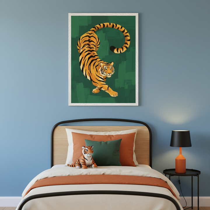 Kid's bedroom with a single bed and wooden headboard. A large framed painting of a crouching tiger with an arched tail on a dark green background hangs above the bed. A tiger plush toy rests on the bed, and an orange lamp is on a black side table.
