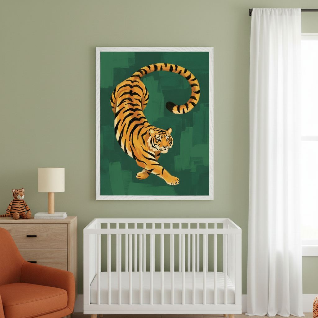 Modern nursery with sage green walls. A large framed illustration of an orange tiger stretching on a dark green painted background hangs above a white crib. A wood dresser with a lamp and stuffed tiger sits left, with an orange armchair partially visible.
