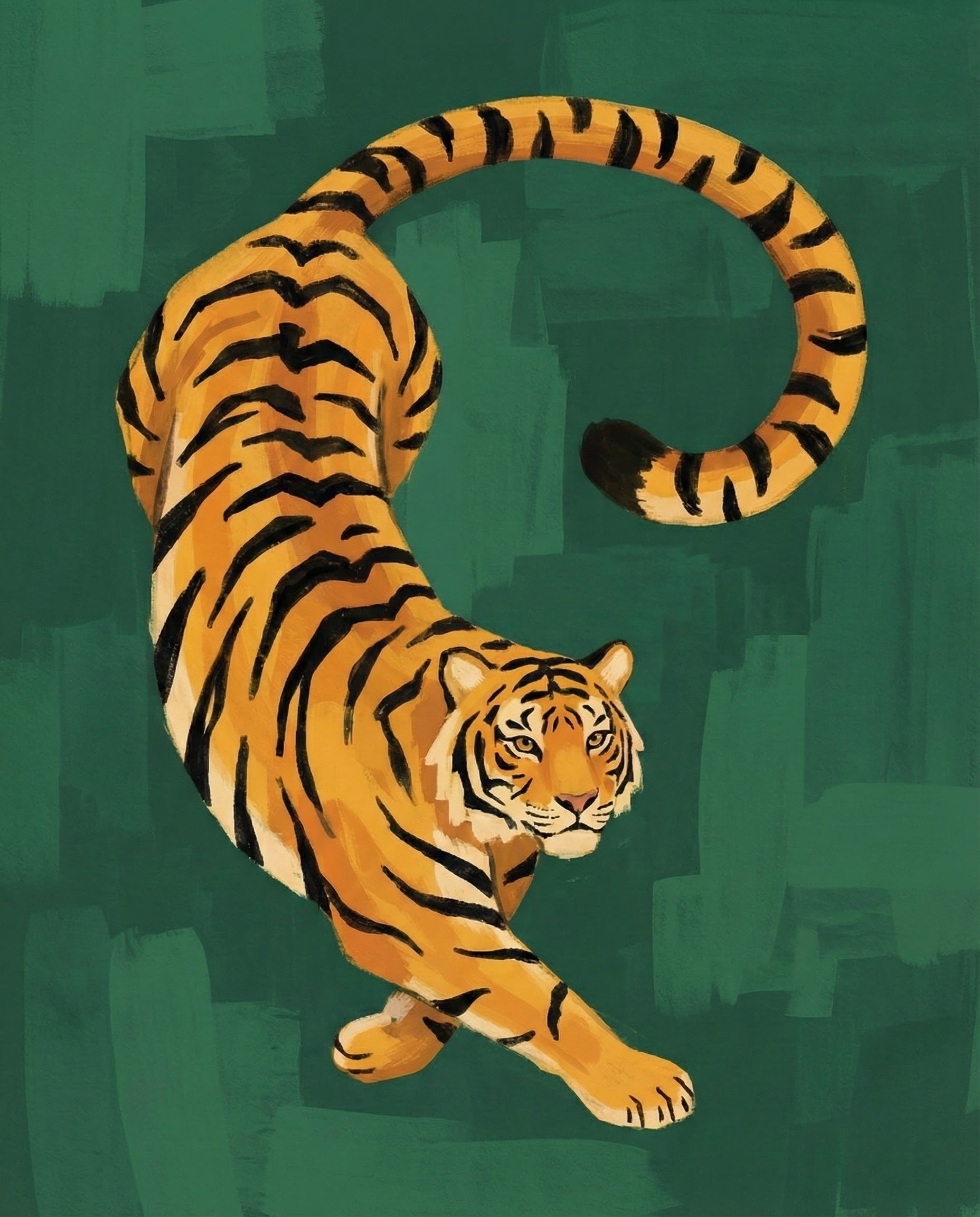 A graphic-style tiger with bold black stripes leaps across a textured deep green backdrop. The clean lines and confident posture emphasize motion and wild energy.

