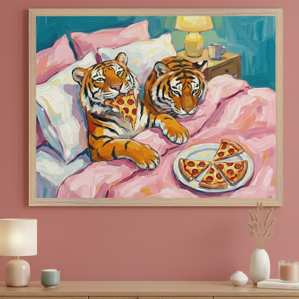 Modern room with a wooden console table. A large framed painting in a brushstroke style of two tigers in bed with pink sheets, one eating pizza, a nightstand with a lamp nearby, hangs centered above the table.