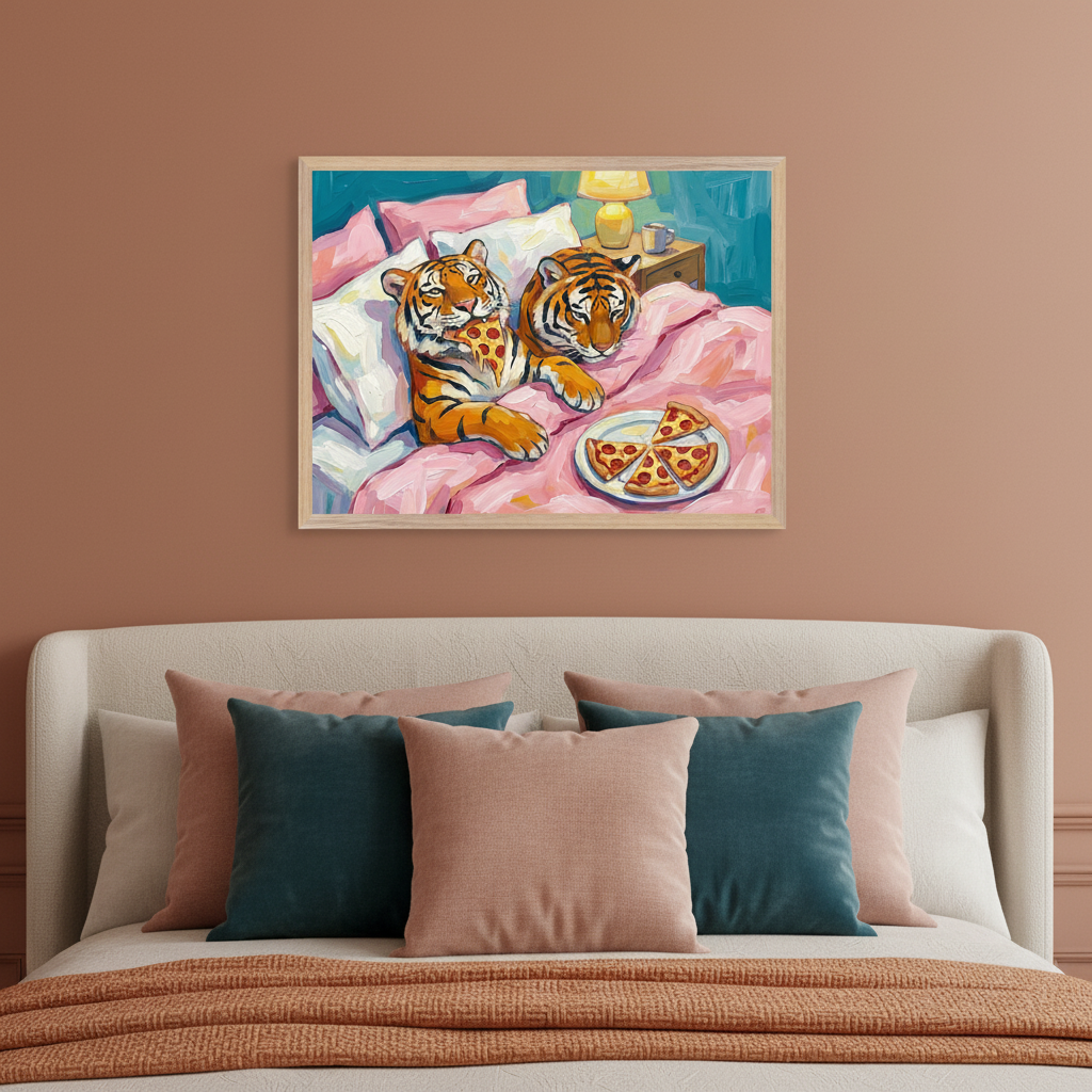 Modern bedroom with a white upholstered bed, blush, teal, and brown pillows, and an orange blanket. A framed painting is centered above the bed, featuring two tigers in a pink bed eating pizza, rendered with expressive brushstrokes.