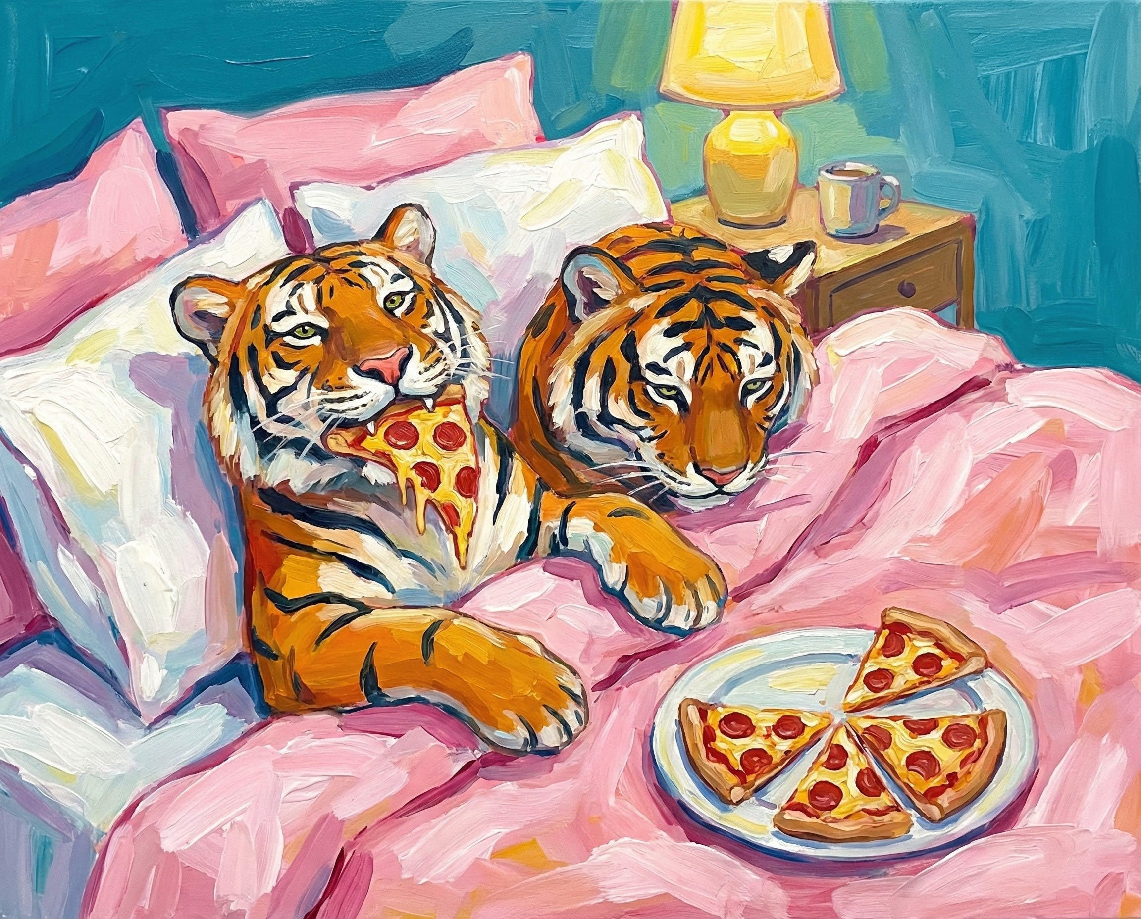 Whimsical and humorous painting of two tigers sitting upright in a cozy pink bed, one happily eating a slice of pepperoni pizza while the other lounges beside a plate of more slices under a glowing bedside lamp.
