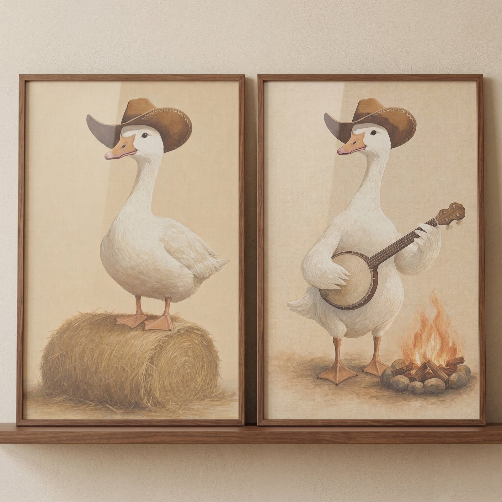 Timeless ranch white goose wall art set of 2 shows geese in hats standing on hay and playing banjo by a campfire.