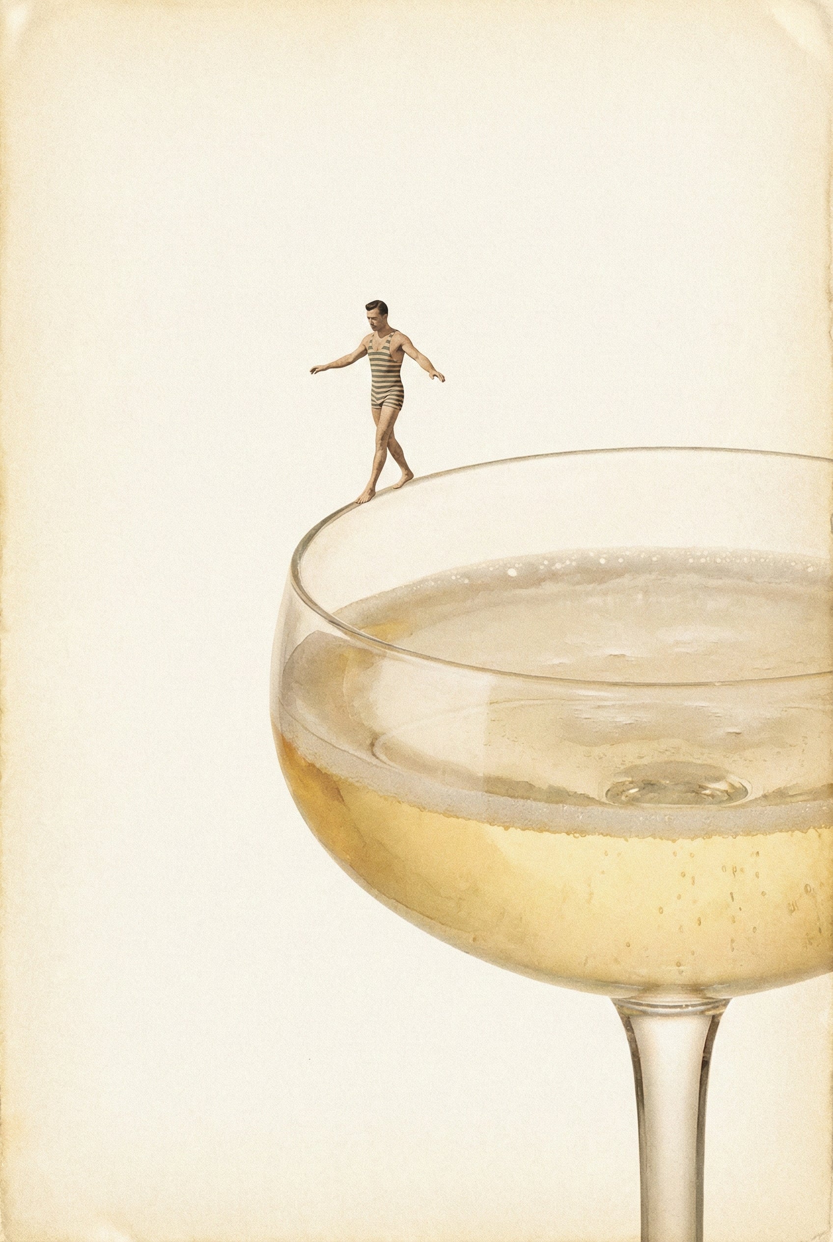 Tiny man in a striped vintage swimsuit carefully balancing along the rim of a coupe glass filled with a pale sparkling drink. The smooth glass edge curves beneath his feet against a neutral backdrop.
