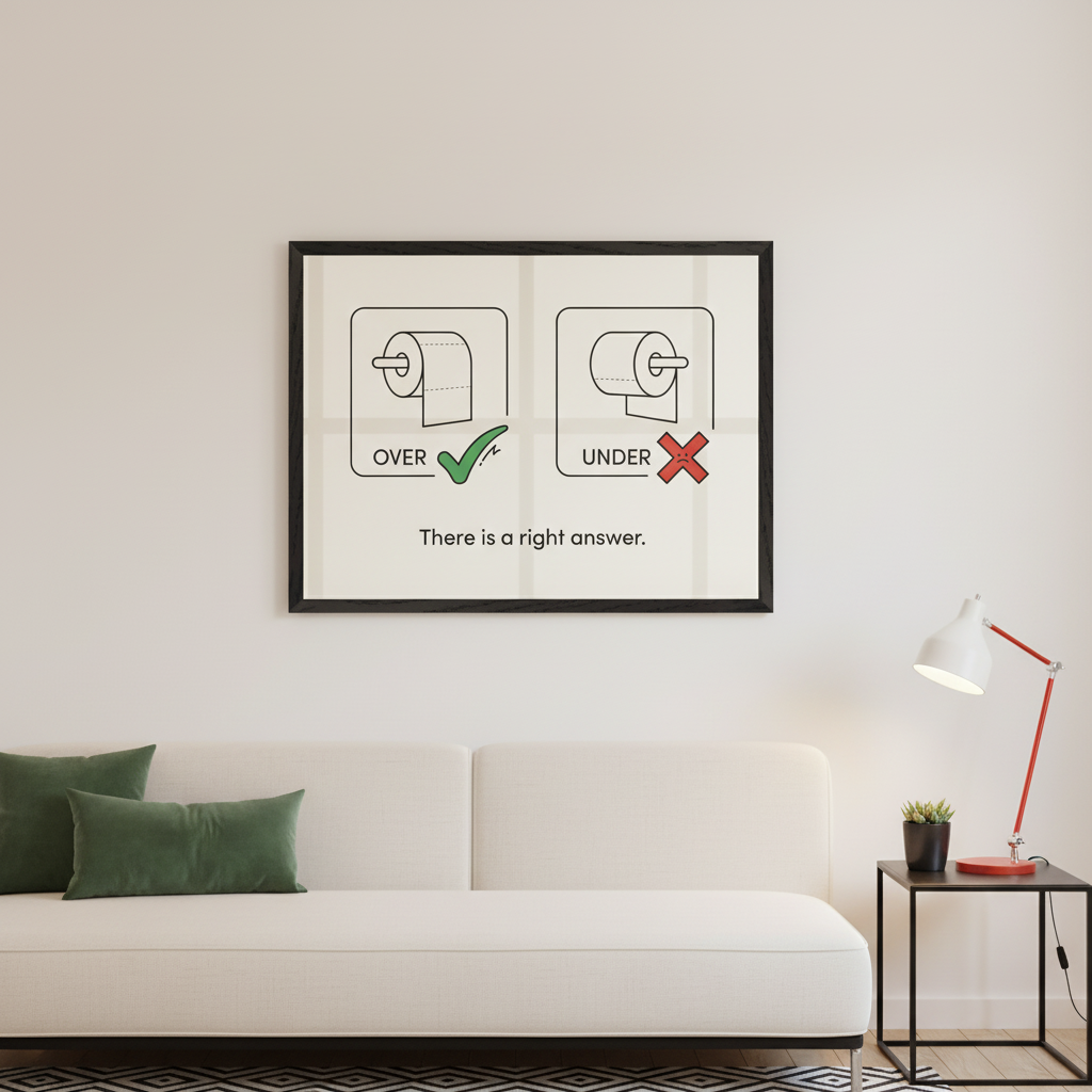 Modern living room with a white sofa and green pillows. A black side table with a red lamp is to the right. Centered above the sofa, a framed graphic illustrates the 'OVER' (checked green) versus 'UNDER' (red X) orientation for toilet paper, with the text 'There is a right answer.' in a line art style.