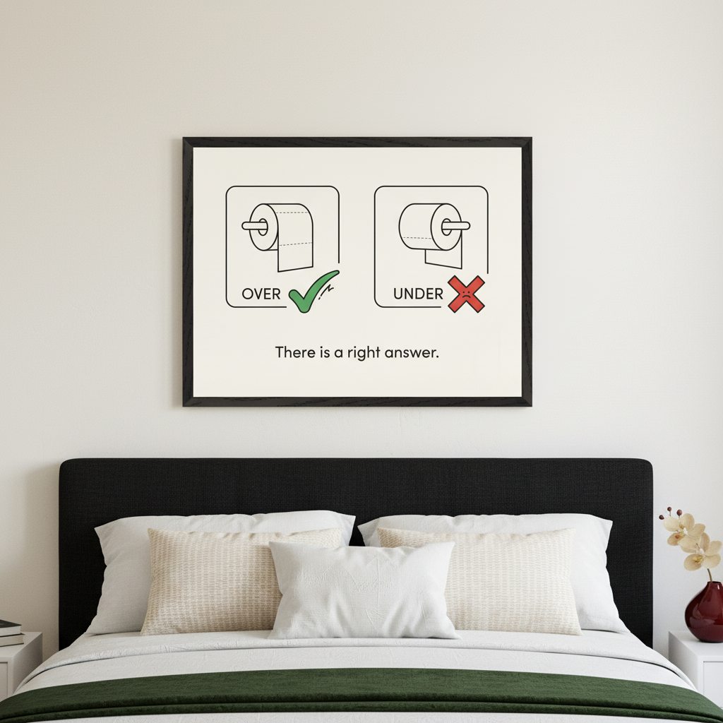 Modern bedroom with a bed featuring a black headboard and white bedding. A framed poster hangs above the bed, depicting two minimalist diagrams of toilet paper rolls: one 'OVER' with a green check, one 'UNDER' with a red 'X'. Text below reads 'There is a right answer.'