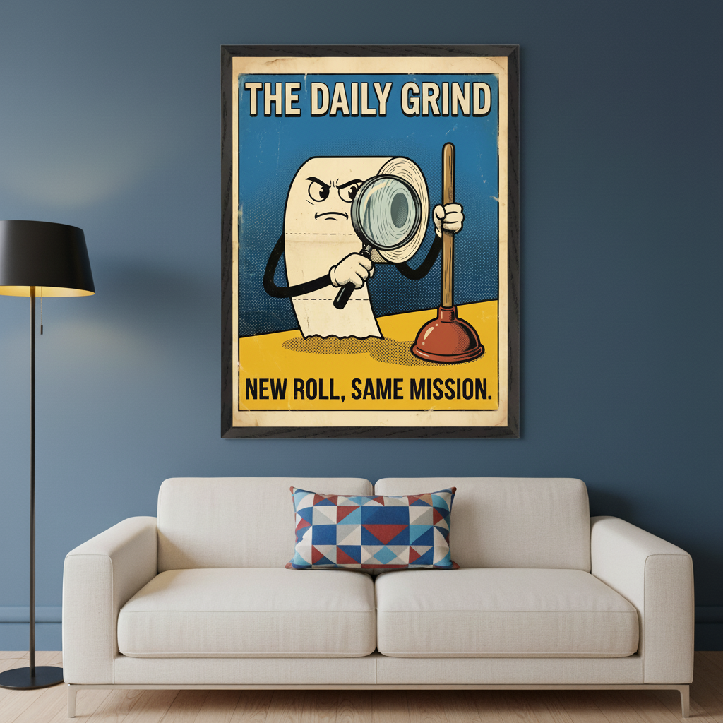 Living room with a white sofa and a floor lamp against a dark blue wall. A framed retro cartoon poster hangs centered above the sofa, depicting an angry toilet paper roll with a magnifying glass and a plunger. Text says "THE DAILY GRIND" and "NEW ROLL, SAME MISSION."