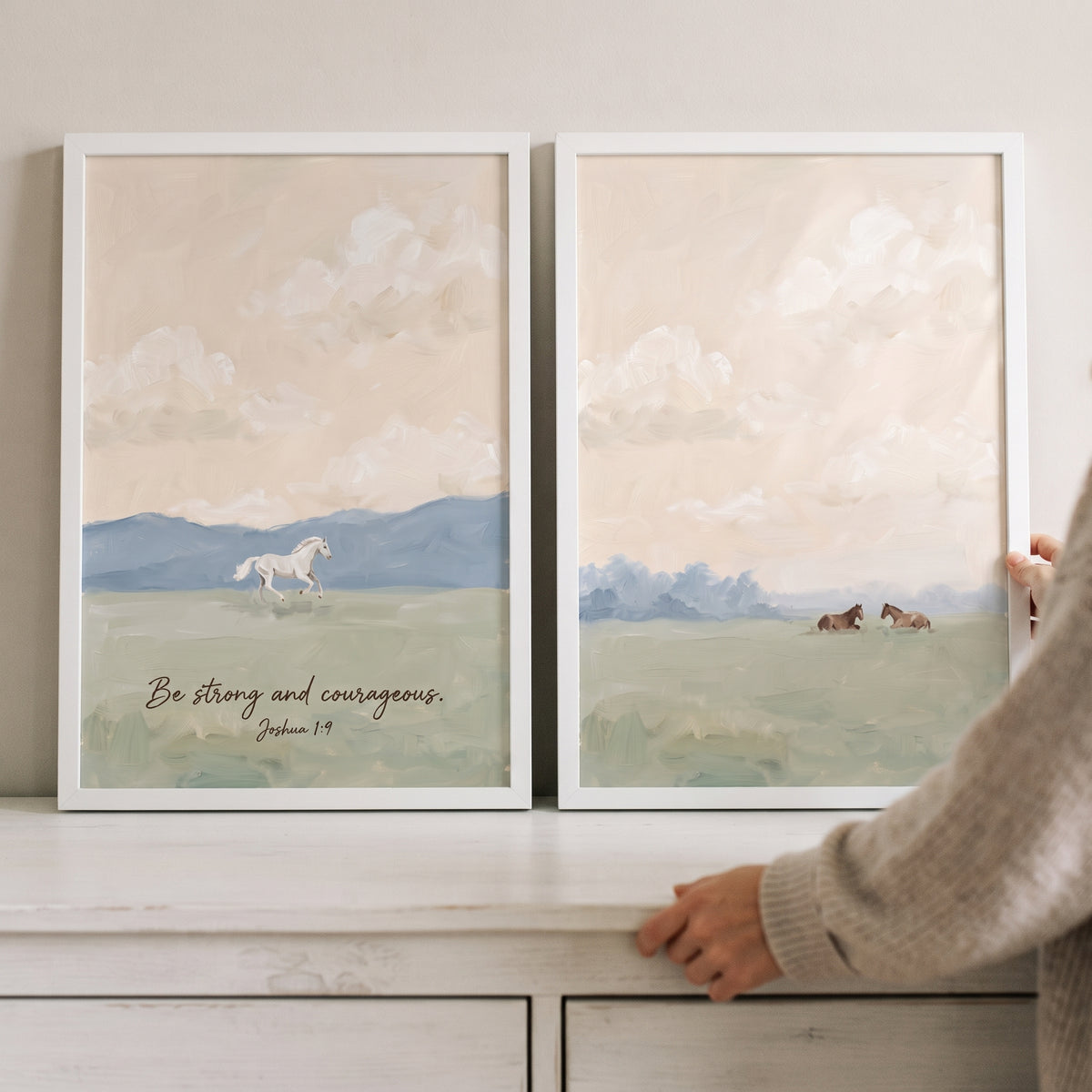 Tonal landscape pasture horses artwork set of 2 in white frames with a bible verse and horses in soft, muted fields.