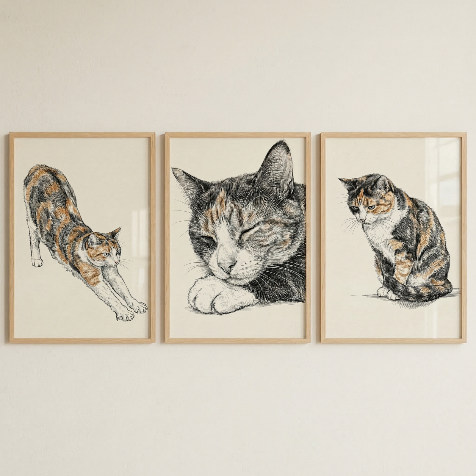 This triptych features three framed illustrations of a calico cat, each captured in a different natural pose. The matching frames are made of a light, natural-colored wood and are hung horizontally in a row against a plain, off-white wall. The artworks themselves are created with fine-line sketching and subtle touches of color on a cream-colored background.

