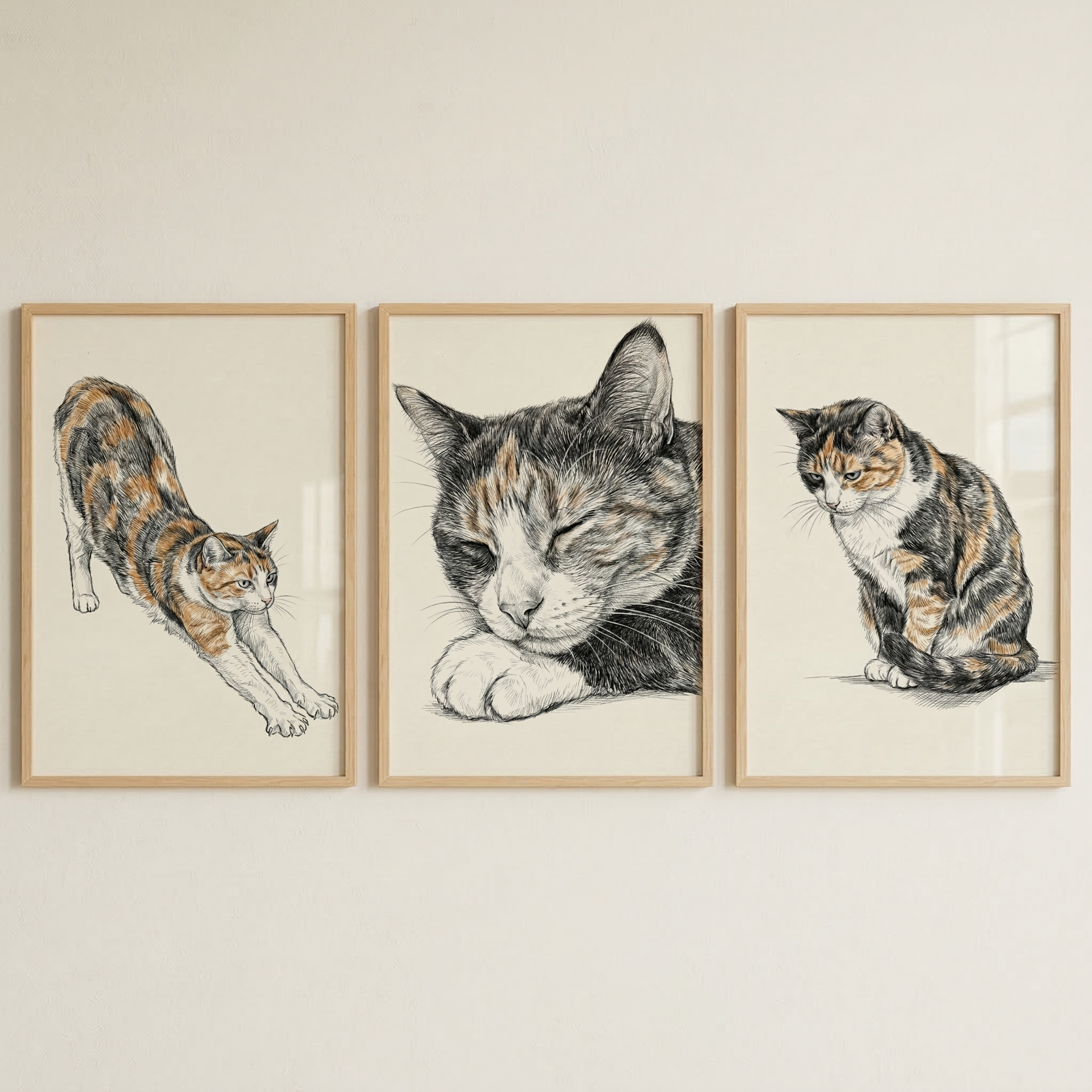 Cat Poses Wall Art Set of 3 - Graceful Cat Trio