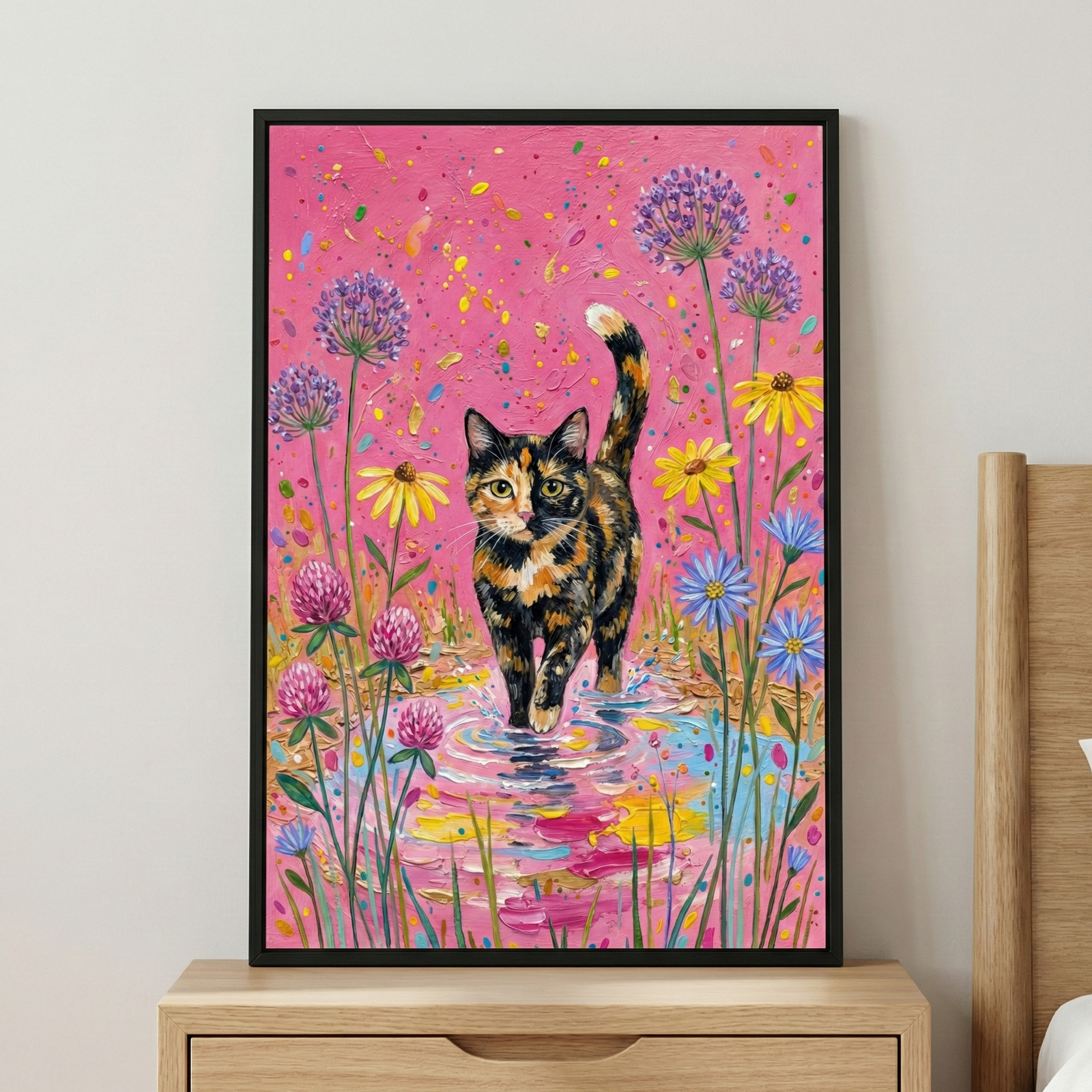 A framed artwork depicts a tortoiseshell cat with a white-tipped tail stepping through a colorful, shimmering puddle. Surrounded by vibrant flowers like purple spheres, yellow daisies, and pink clover, the cat is set against a bright pink, textured background. The piece features expressive, thick brushwork and is displayed in a black frame resting on a light-colored wooden nightstand next to a matching headboard.