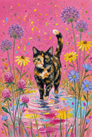 A tortoiseshell cat walks through a puddle with colorful ripples, surrounded by tall wildflowers. The pink background is filled with paint splashes and floating petals.