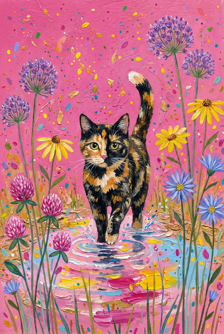 A tortoiseshell cat walks through a puddle with colorful ripples, surrounded by tall wildflowers. The pink background is filled with paint splashes and floating petals.