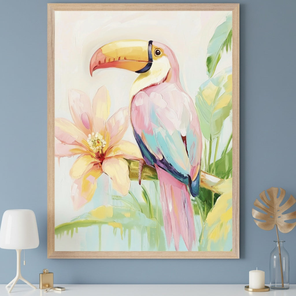 Modern room with a blue wall and white dresser. A large framed impressionistic painting with visible brushstrokes, depicting a pink toucan with a yellow beak next to a pink and yellow flower, hangs above the dresser.