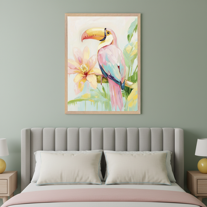 Modern bedroom with a grey upholstered bed and two nightstands. A large framed painterly artwork depicts a vibrant pink toucan on a branch with a pink flower, centered above the bed.