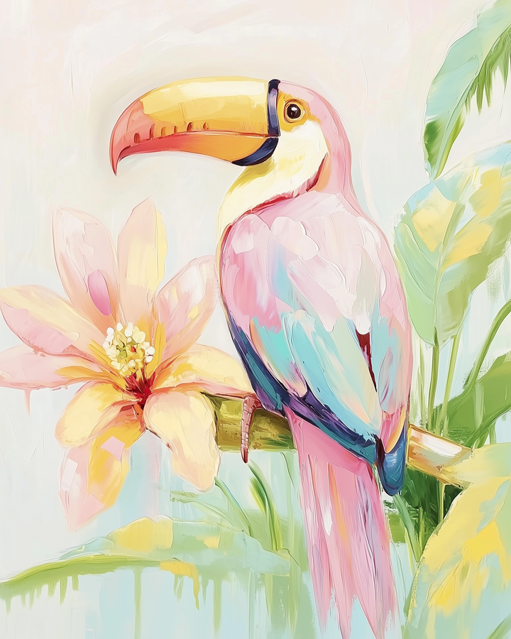 A colorful toucan with a vibrant yellow and red beak perches on a branch near a large tropical flower. The soft pastel feathers and leafy background add a light, exotic feel to the composition.
