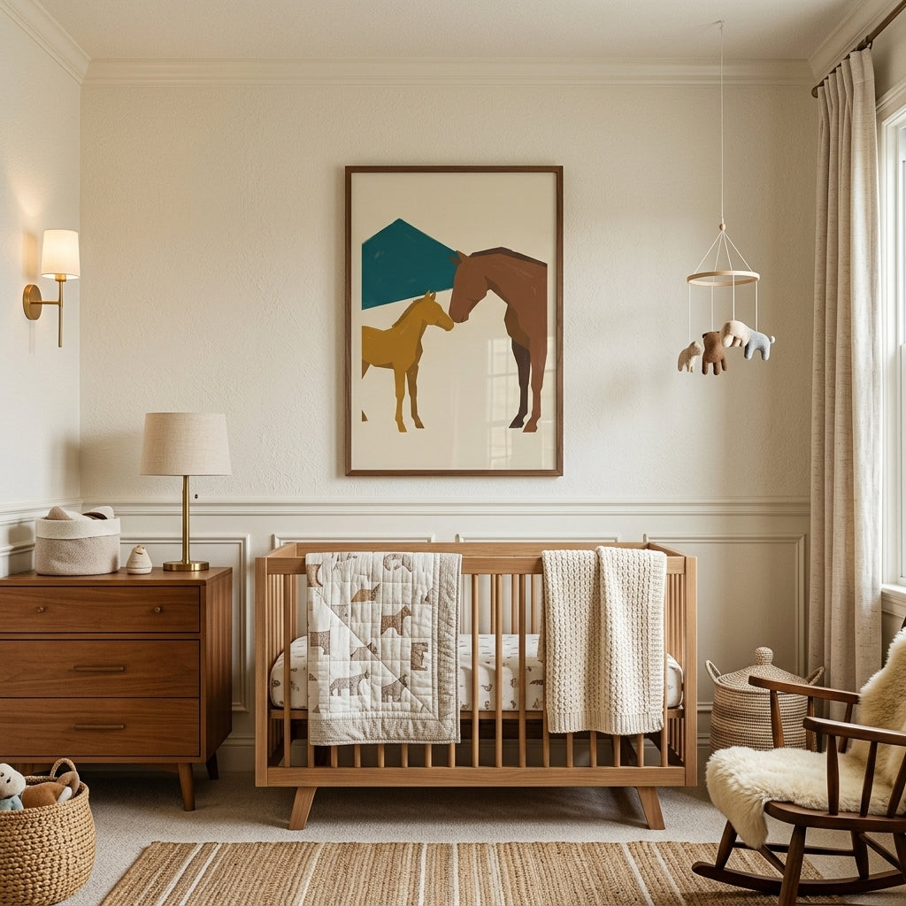 Nursery with a wooden crib, dresser, and touching nose brown horse wall art. A rocking chair sits on a woven rug.