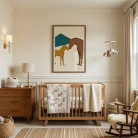 Nursery with a wooden crib, dresser, and touching nose brown horse wall art. A rocking chair sits on a woven rug.