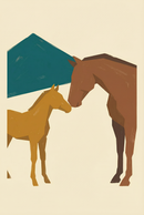 Minimalist horses touching nose brown horse wall art with a teal geometric mountain on a beige background.