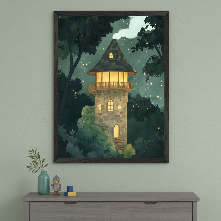Modern room with a light green wall and a gray wooden dresser. A framed illustrative print depicting a stone tower with glowing windows and a smoking chimney at night, surrounded by dark trees with twinkling lights, hangs centered above the dresser. A vase, nutcracker, and blocks sit on the dresser.