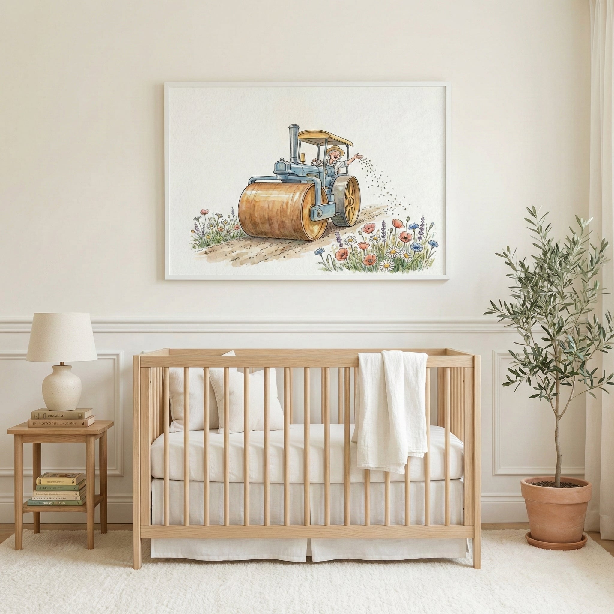 A nursery room with a light wooden crib features a large framed watercolor of a person on a tractor sowing seeds in a flower-filled field. The warm, cheerful art adds a playful and peaceful touch to the serene space.