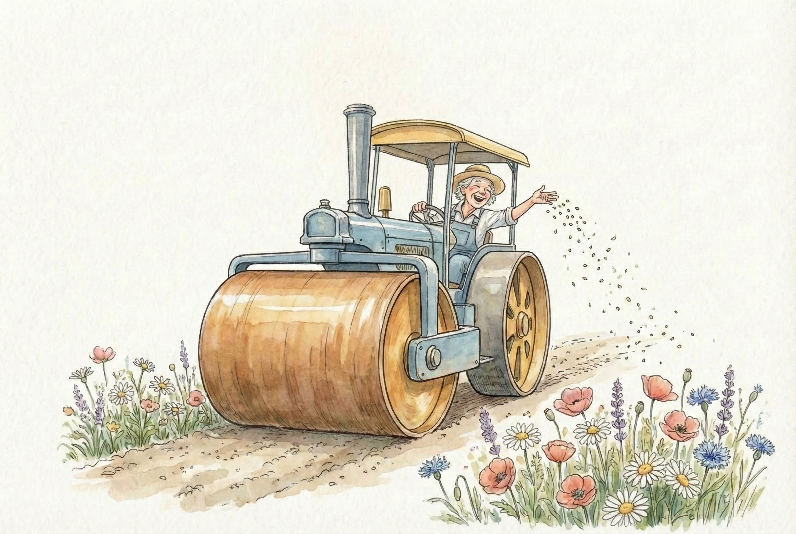 Watercolor illustration of a joyful farmer in overalls and a straw hat driving a vintage blue steamroller while playfully scattering seeds onto a dirt path. Colorful wildflowers like daisies, poppies, and lavender bloom along both sides of the road, adding charm to the countryside scene.