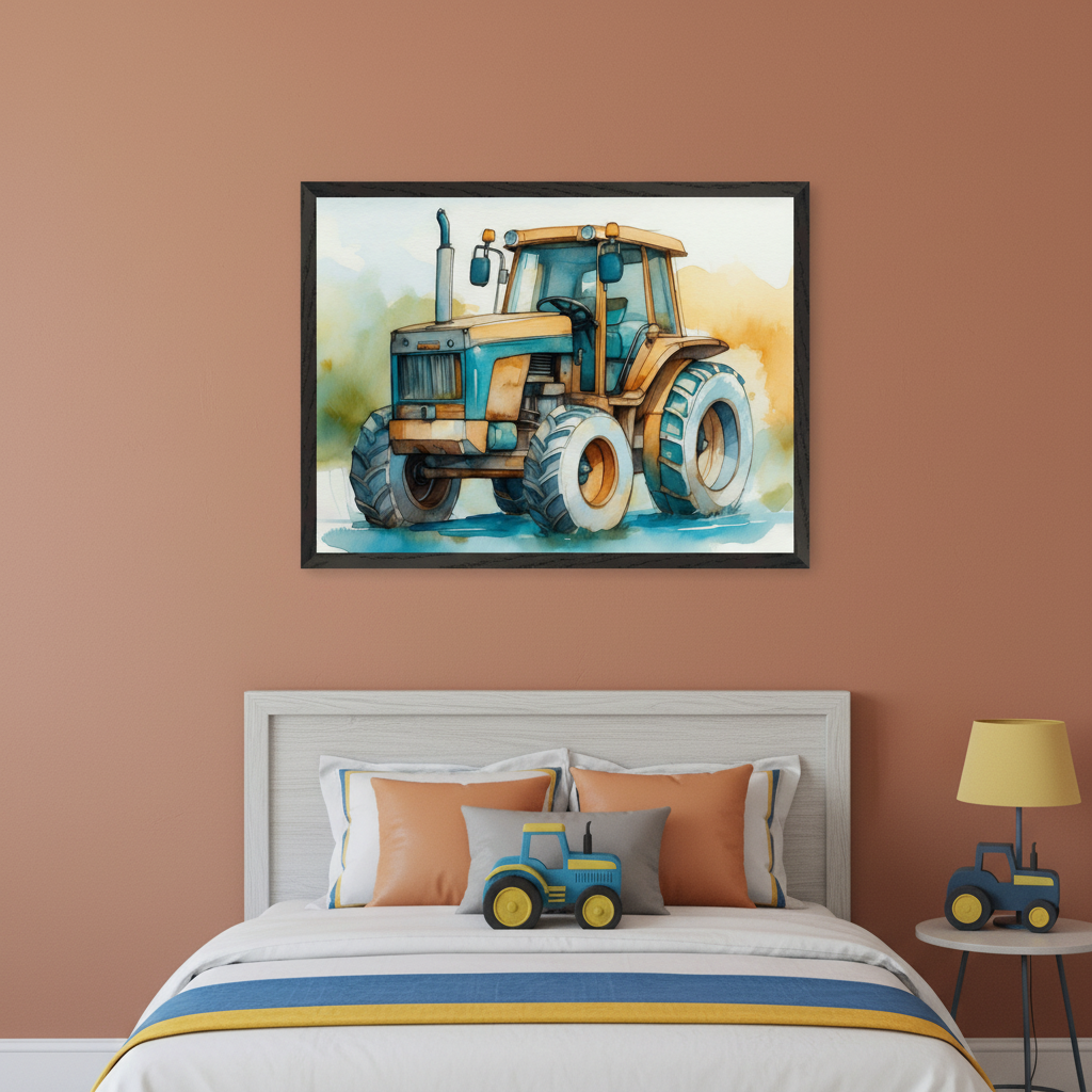 Kid's bedroom with a white bed and a round nightstand. A large framed watercolor painting of a blue and yellow tractor hangs centered above the bed. A blue toy tractor is on the bed, and a tractor lamp is on the nightstand.