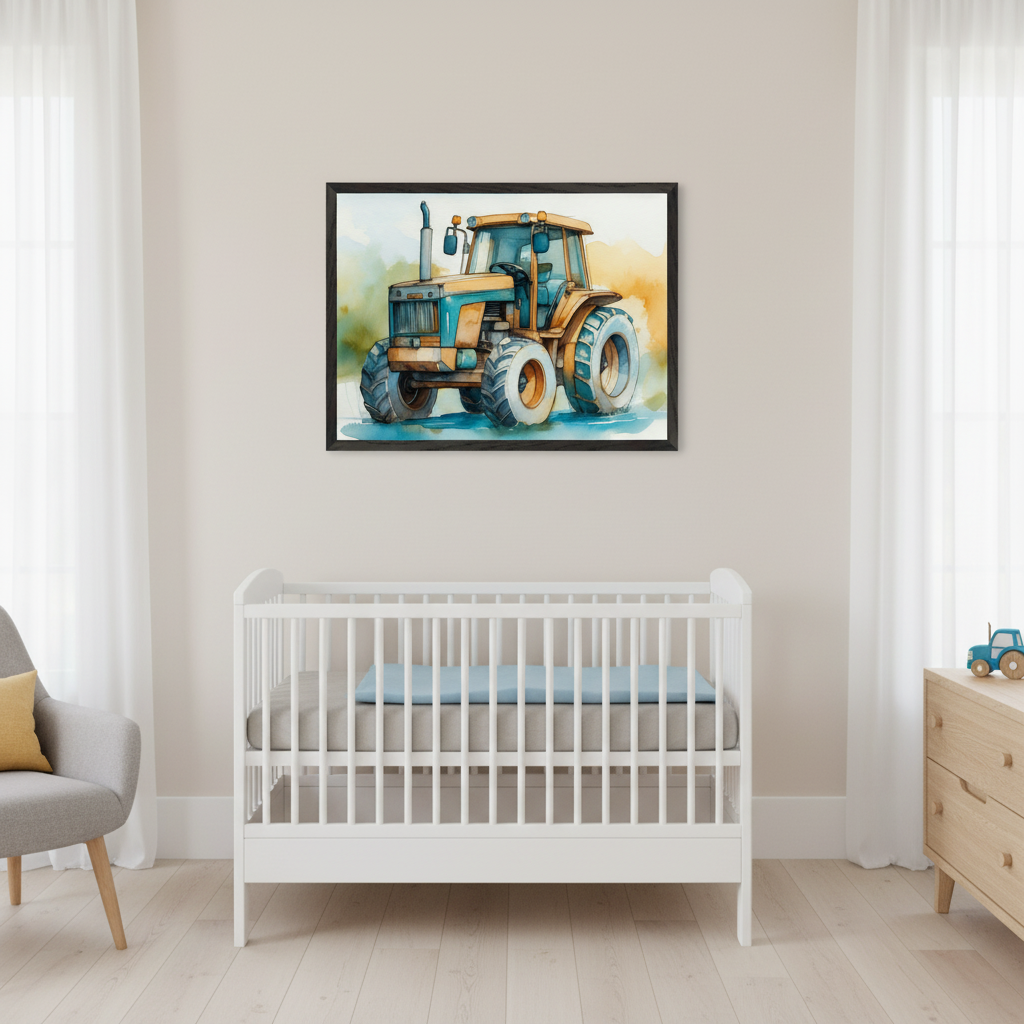 Modern nursery with a white crib, gray armchair, and wooden dresser. A framed watercolor painting of a yellow and blue tractor hangs on the wall above the crib.