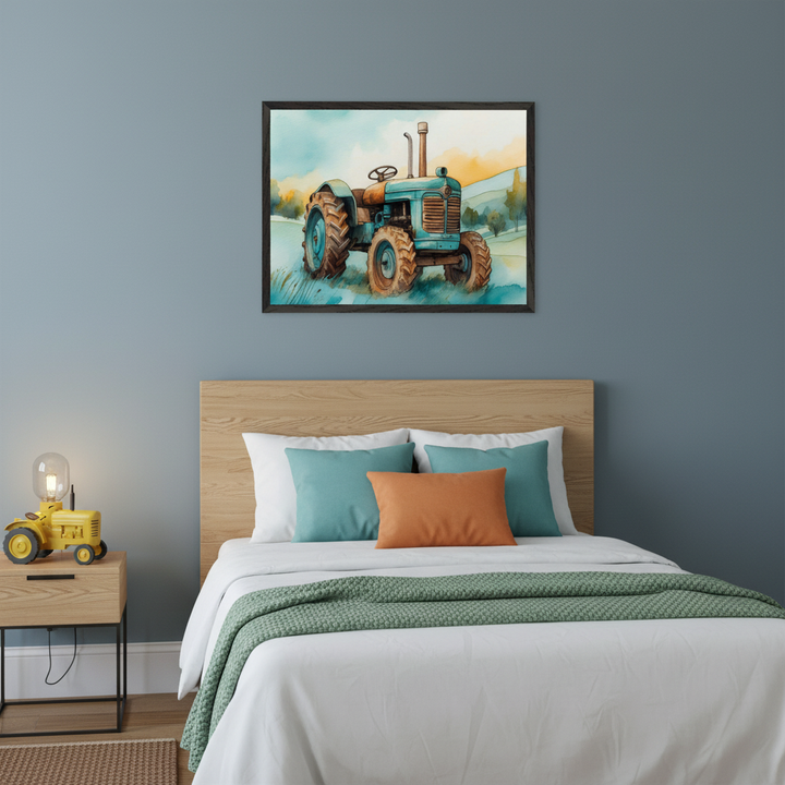 Modern bedroom with a bed featuring a wooden headboard and a nightstand. A framed watercolor painting of a vintage blue tractor in a field is centered above the bed.
