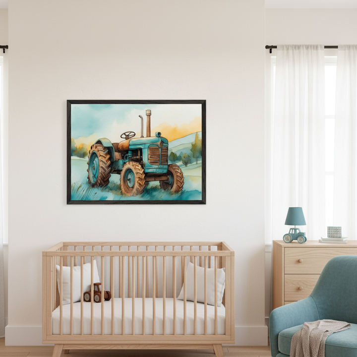 Modern nursery with a light wood crib, dresser, and blue armchair. A framed watercolor painting of a blue vintage tractor in a field hangs above the crib.
