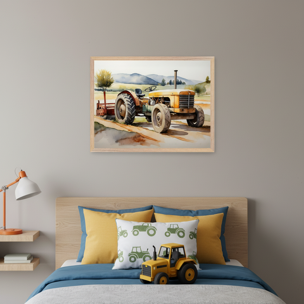 Kid's bedroom with a wooden bed, blue and yellow pillows, and a toy tractor. Centered above the bed is a framed watercolor painting of a yellow tractor on a dirt road in a rural landscape.