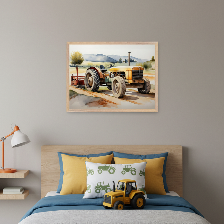 Kid's bedroom with a wooden bed, blue and yellow pillows, and a toy tractor. Centered above the bed is a framed watercolor painting of a yellow tractor on a dirt road in a rural landscape.