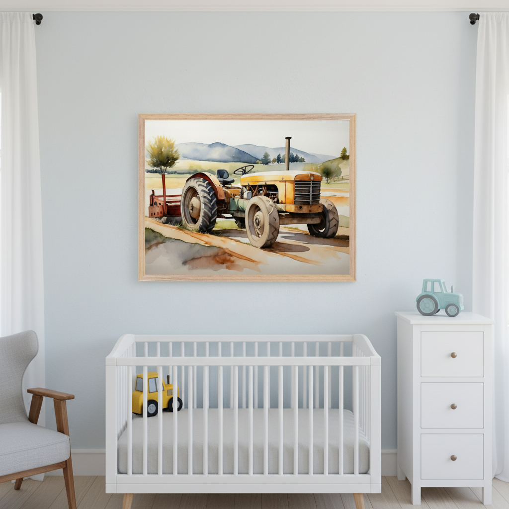 A modern nursery with a white crib, white three-drawer dresser, and a gray armchair. A large framed watercolor painting of a yellow vintage tractor on a dirt path with mountains in the background hangs centered on the light blue wall above the crib.
