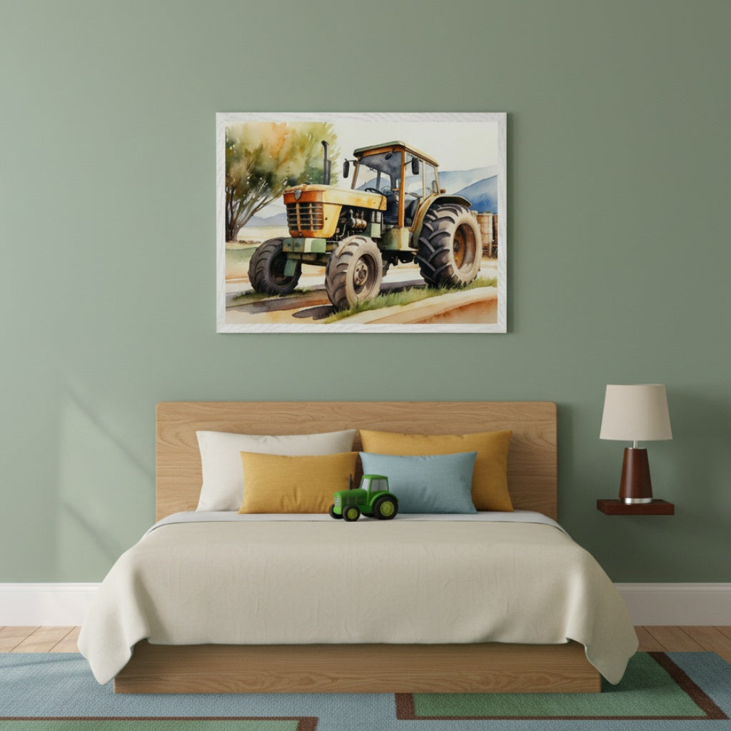 Kid's bedroom with a wooden bed, light bedding, and yellow and blue pillows. A green toy tractor is on the bed. Above, a framed watercolor painting depicts a yellow and green tractor on a dirt road.