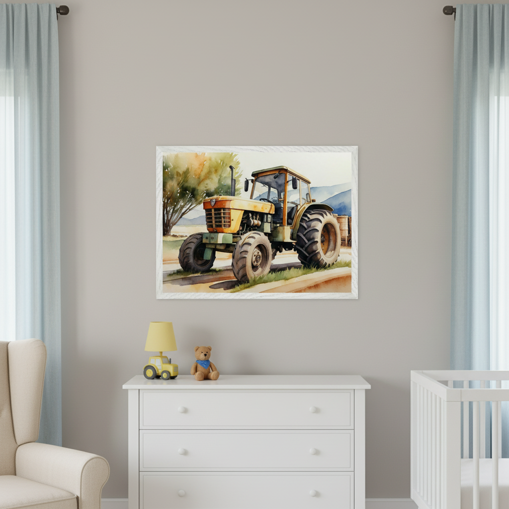 Tractor Farm Construction Wall Art for Nursery, Playroom or Kids Bedrooms – Rustic Watercolor Machinery Decor - Farmstead Flier