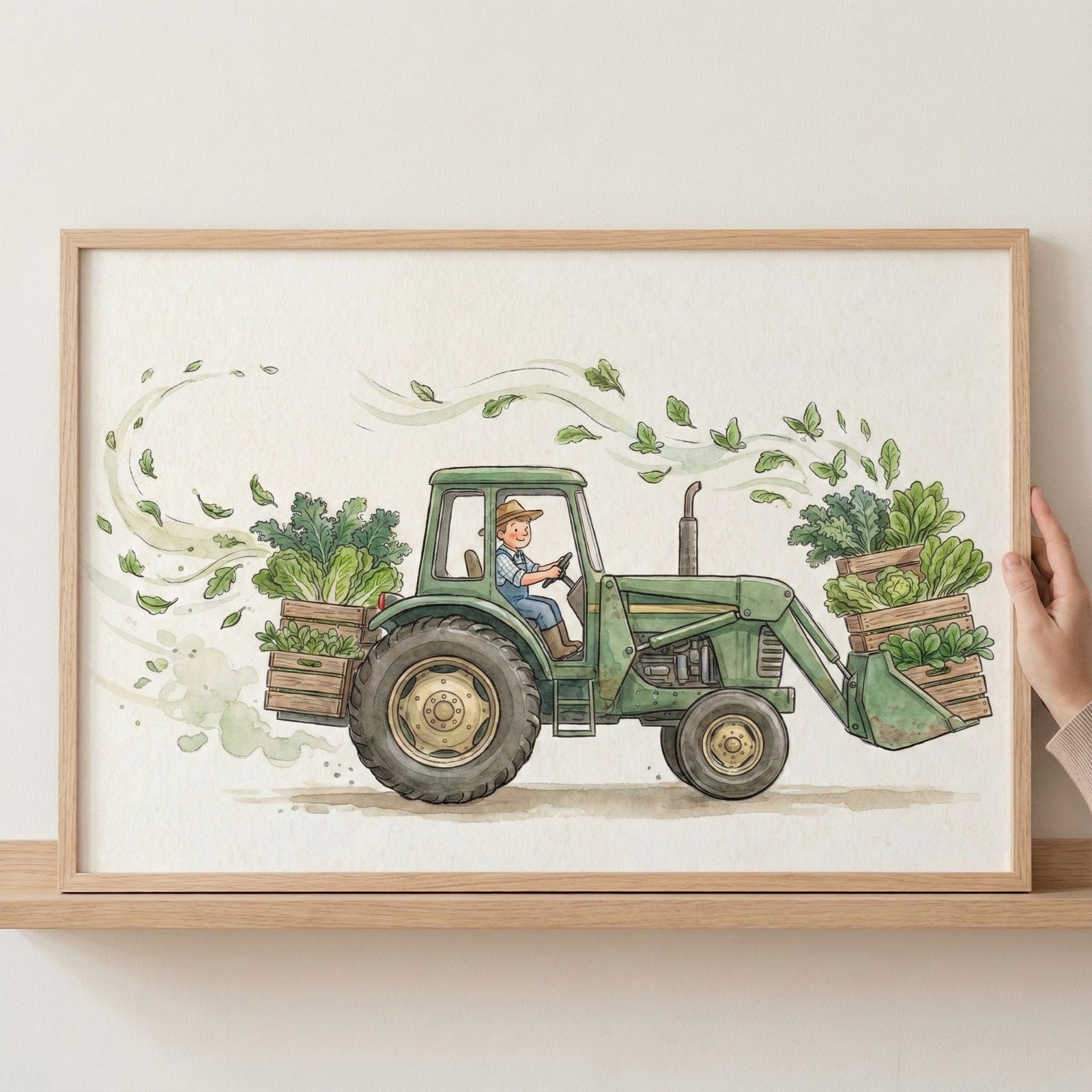 Framed illustration of a cheerful young farmer driving a green tractor stacked with wooden crates full of leafy greens. Lettuce, kale, and other leaves swirl around the tractor in a whimsical breeze.
