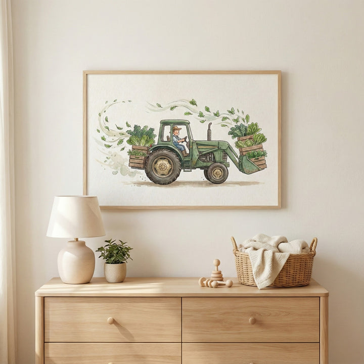 Leafy greens tractor artwork hanging above a dresser in a neutral-toned nursery. The painting captures a playful farm scene where green vegetables tumble and flutter in the air as the tractor drives by.