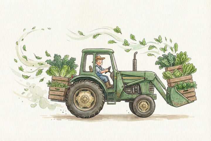 A smiling farmer drives a green tractor loaded with wooden crates full of leafy greens and fresh garden vegetables. Loose leaves swirl in the air behind the tractor, adding a sense of movement and freshness to the cheerful farm scene.