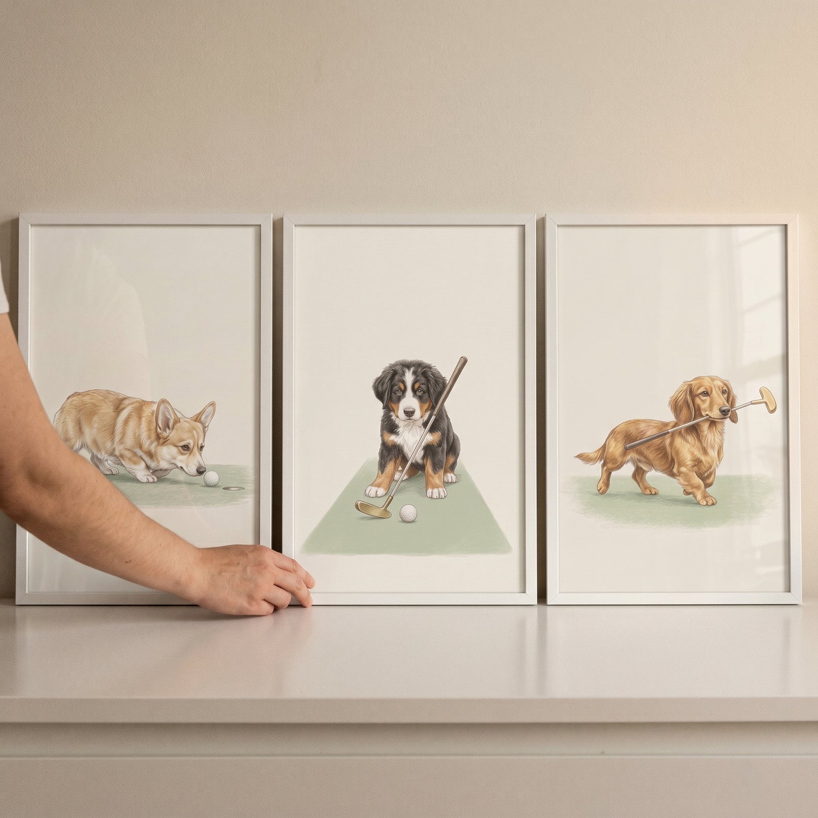 A hand adjusts a traditional cream golfing dogs wall art set of 3 featuring a corgi, puppy, and dachshund with golf clubs.