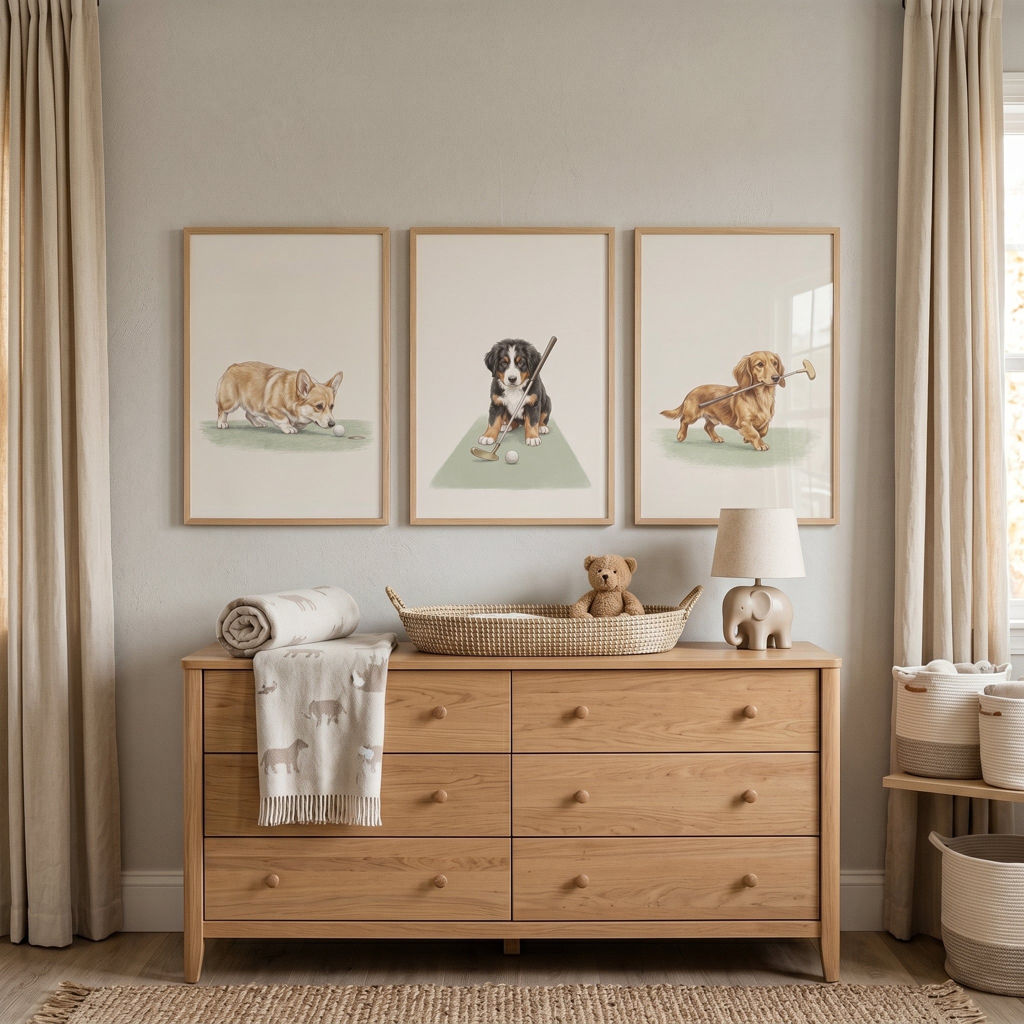 Traditional Cream Golfing Dogs Wall Art Set of 3 - Golfing Pups Trio