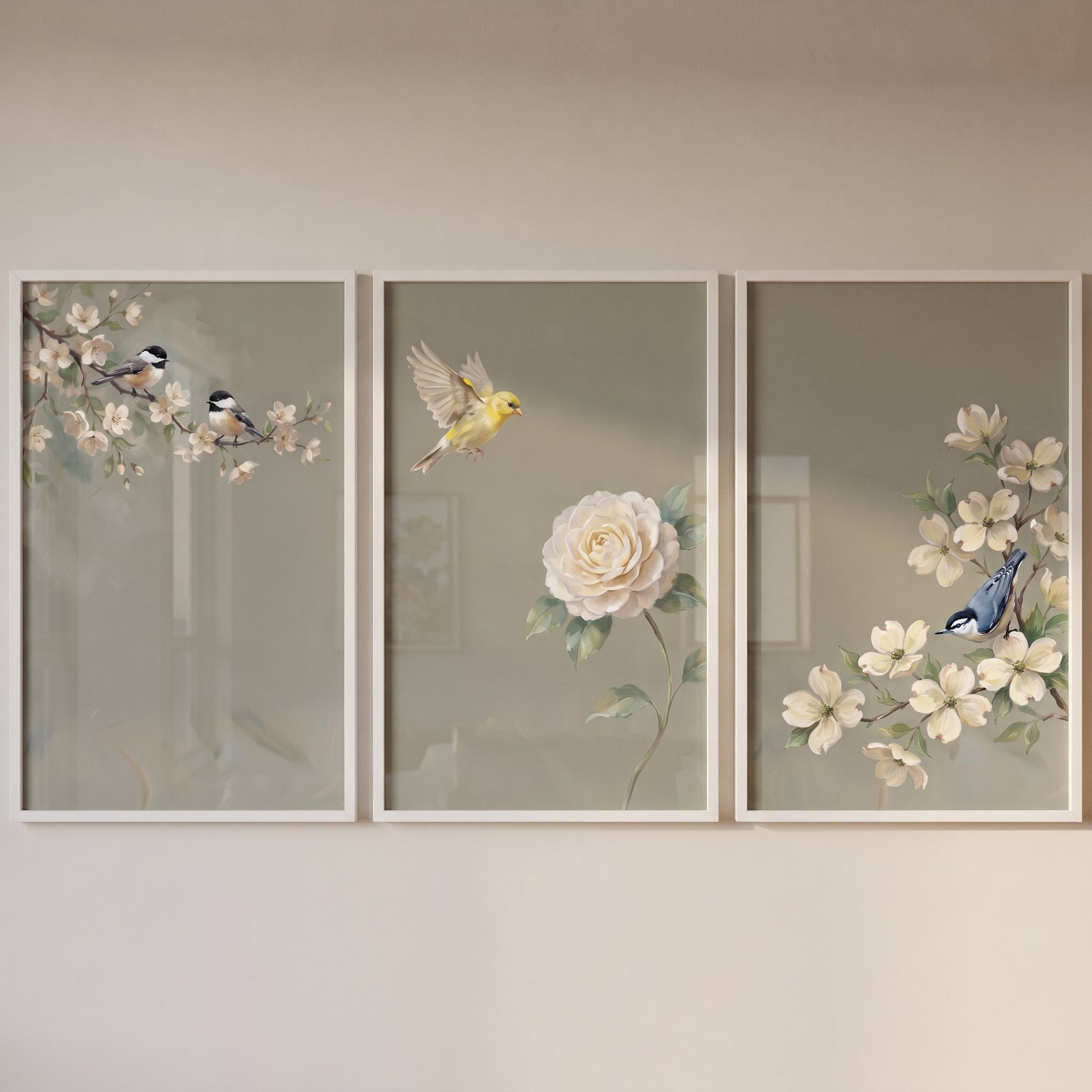 Traditional sage garden bird print set of 3 depicts songbirds and blossoms on a muted green backdrop in white frames.