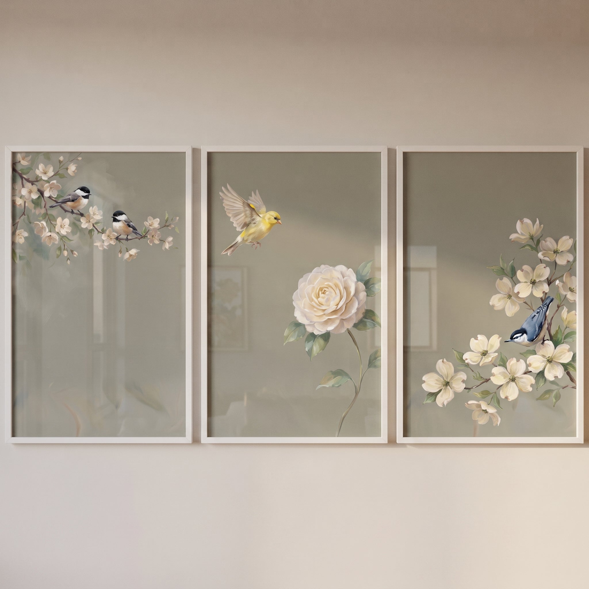 Traditional Sage Garden Bird Print Set of 3 - Garden Blossom Flight