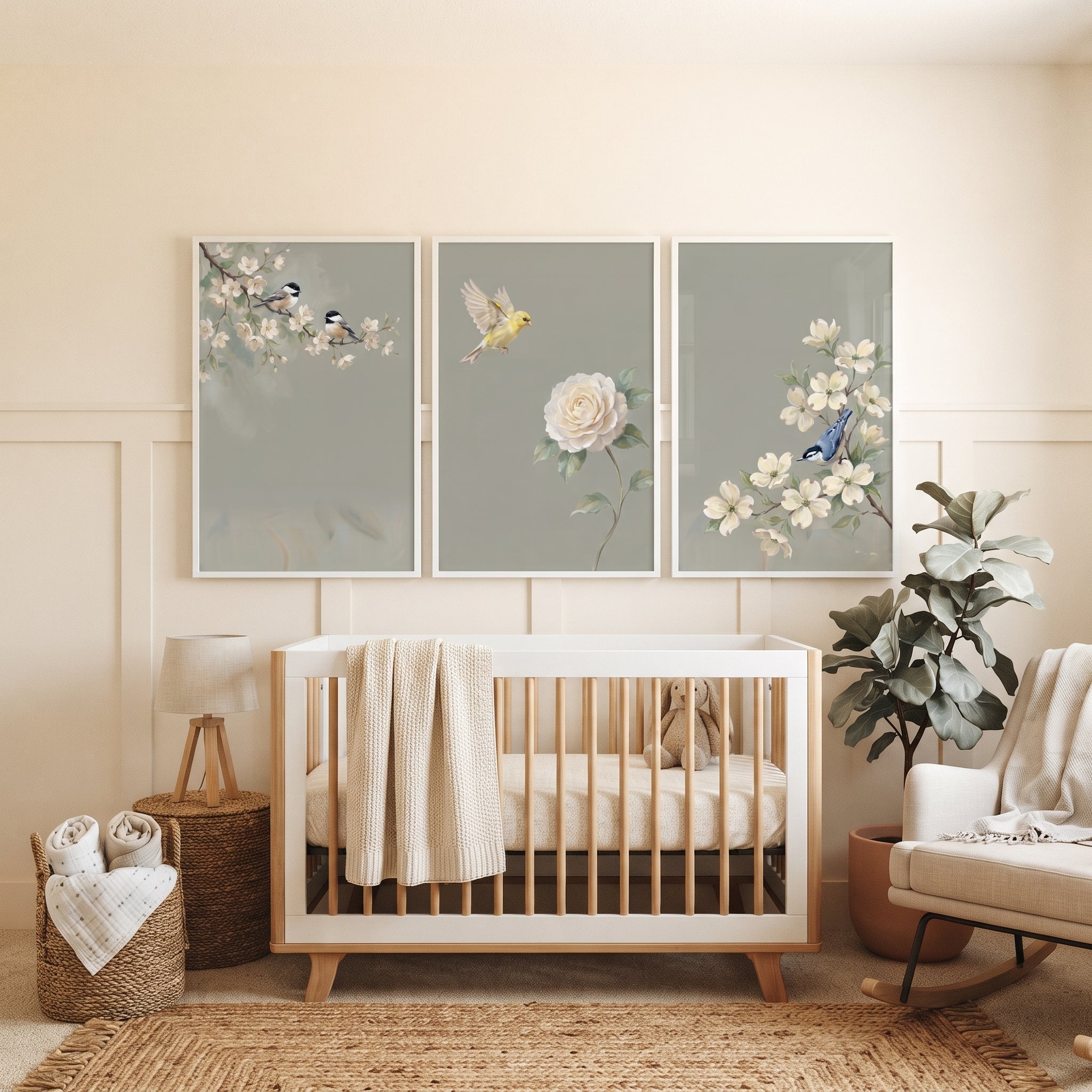 Traditional Sage Garden Bird Print Set of 3 - Garden Blossom Flight