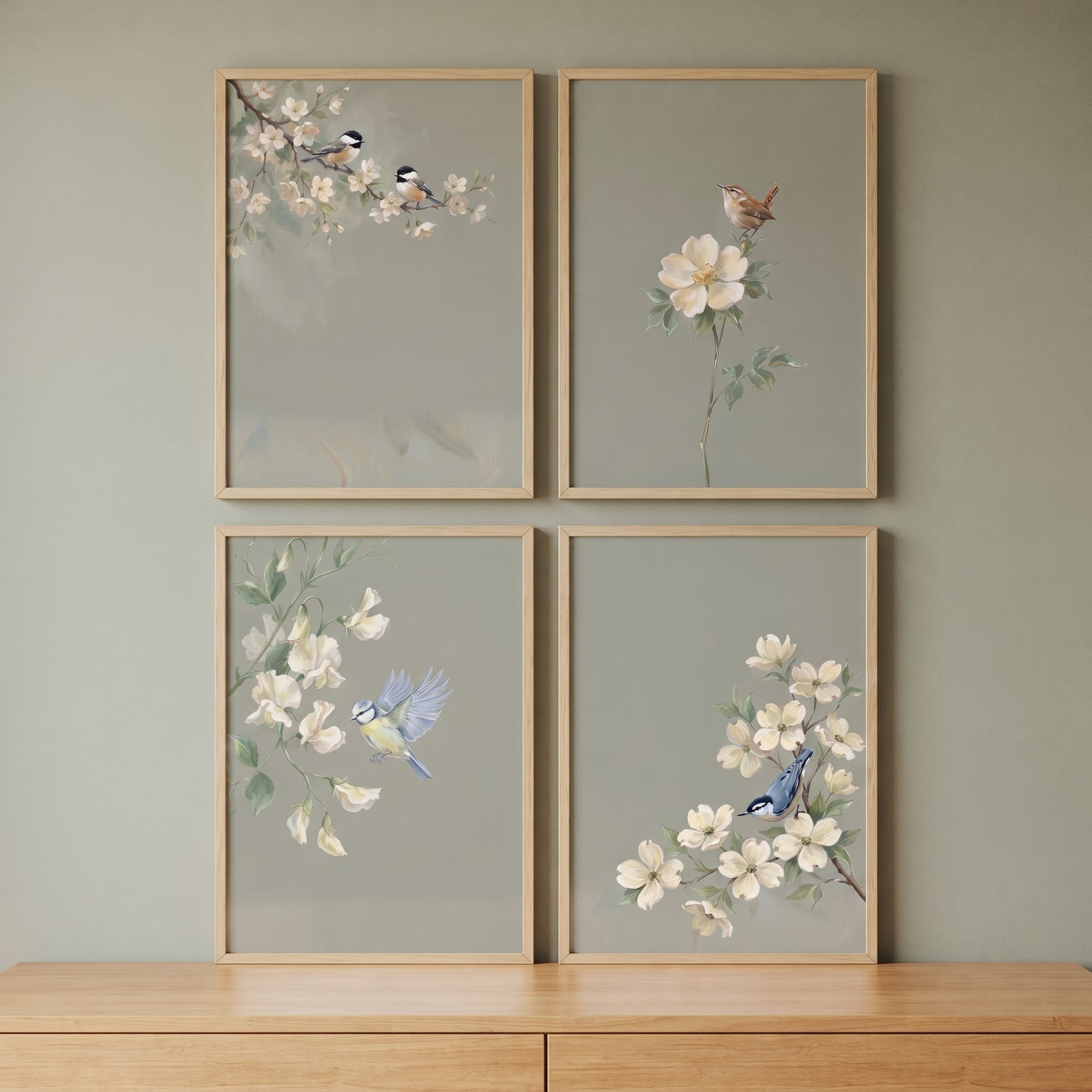 Traditional white floral bird wall art set of 4 with songbirds and blossoms on a soft sage green backdrop.